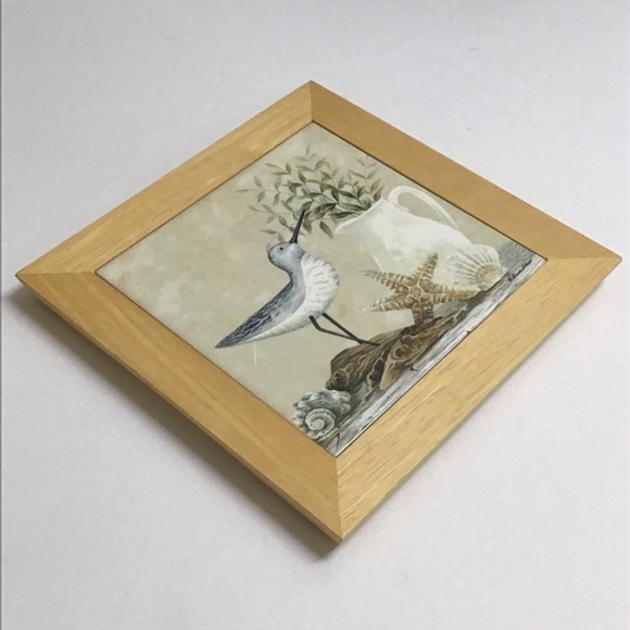 Vintage Diane Arthurs Framed Ceramic Tile Trivet Sandpiper Shells 8x8” Wall Art - Picture 6 of 14